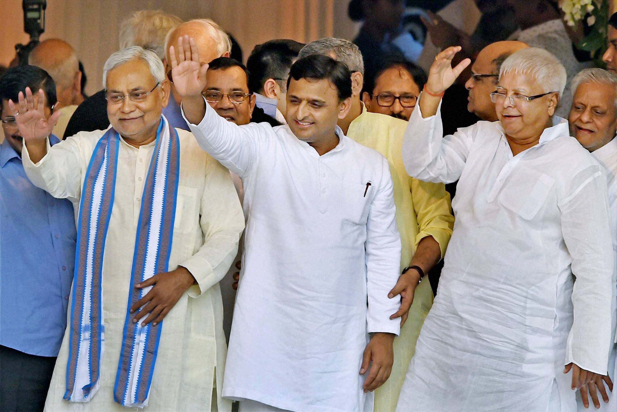 Nitish Kumar, Akhilesh Yadav and Lalu Prasad Yadav at Mamata Banerjee's swearing in ceremony as West Bengal chief minister. Image: PTI Nitish Kumar, Akhilesh Yadav and Lalu Prasad Yadav at Mamata Banerjee's swearing in ceremony as West Bengal chief minister. Image: PTI