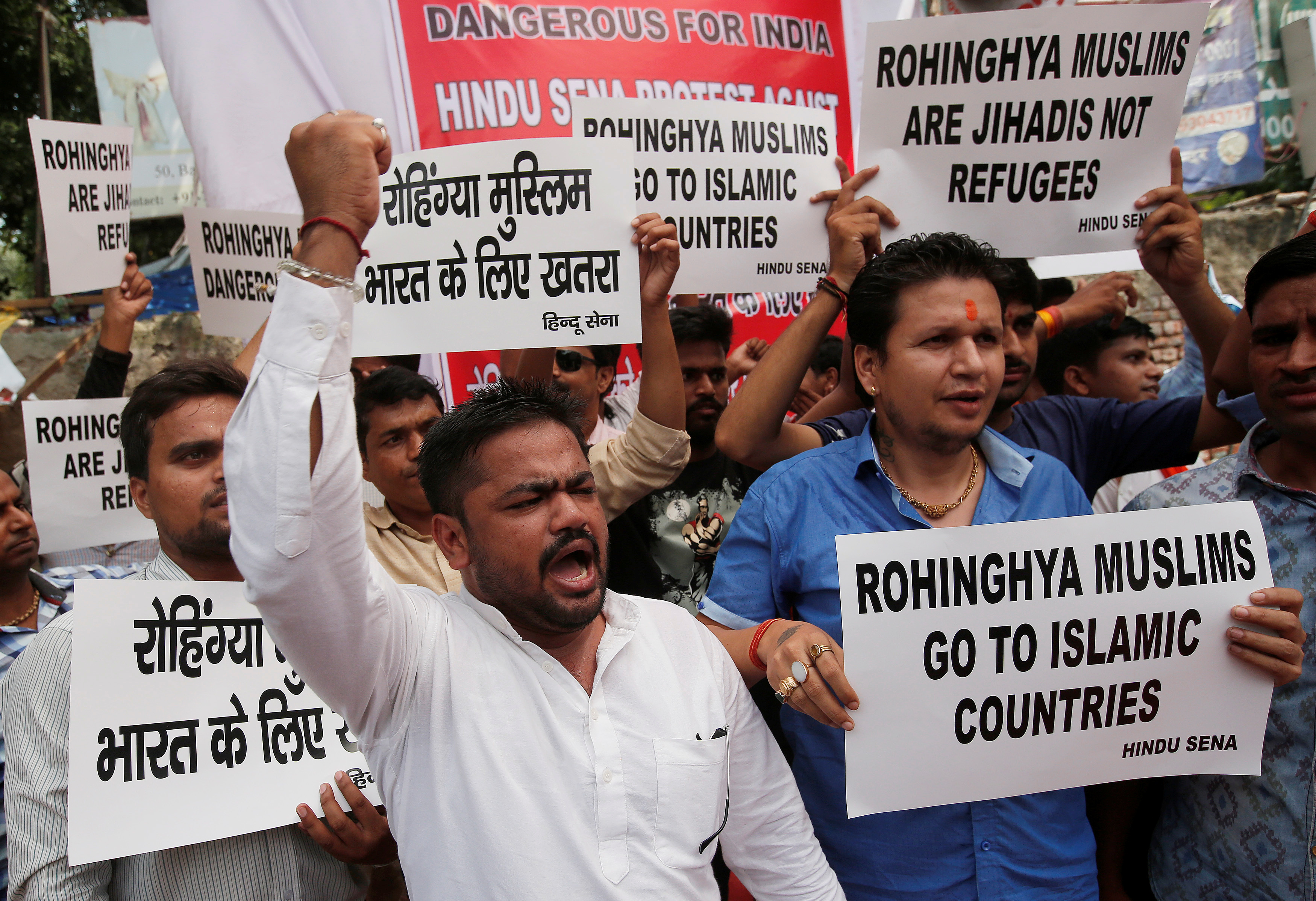 Hindu Sena activists demand deportation of Rohingya refugees. Photo credit: Reuters Hindu Sena activists demand deportation of Rohingya refugees. Photo credit: Reuters