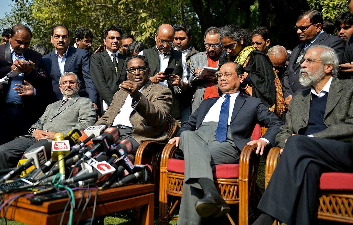 Justices Kurian Joseph, Jasti Chelameswar, Ranjan Gogoi and Madan B Lokur address the press conference in January. Photo credit: Reuters Justices Kurian Joseph, Jasti Chelameswar, Ranjan Gogoi and Madan B Lokur address the press conference in January. Photo credit: Reuters
