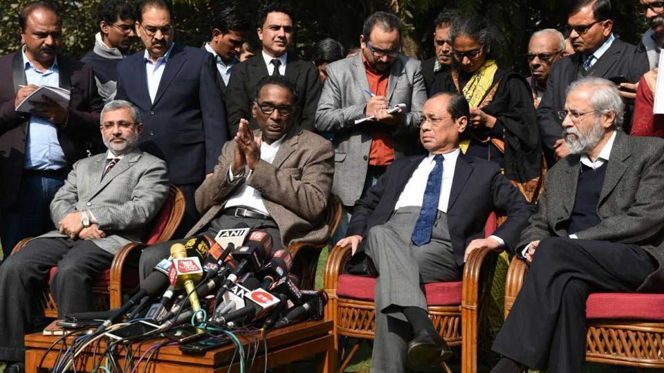 Supreme Court judges J. Chelameswar, Ranjan Gogoi, MB Lokur and Kurian Joseph address an unprecedented press conference in New Delhi on Friday. Image: HT Supreme Court judges J. Chelameswar, Ranjan Gogoi, MB Lokur and Kurian Joseph address an unprecedented press conference in New Delhi on Friday. Image: HT